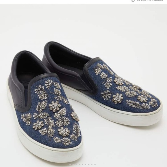 Dior Blue/Black Denim and Leather Happy Crystals Slip On Sneakers 36 1/2 - Picture 11 of 12